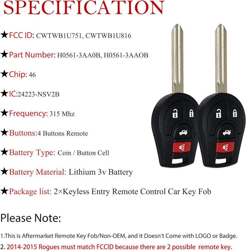 MechanMagic Key Fob Remote Replacement Fits for Nissan Sentra 2013-2019/Rogue 2008-2015/Versa 2007-2015/Armada/Maxima/Murano/Infiniti FX35 FX45 CWTWB1U816 Keyless Entry Remote Control ID46 CHIP - Image 4